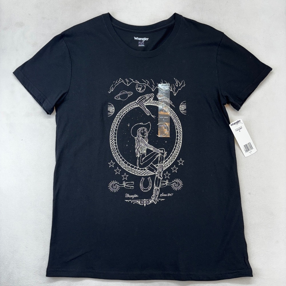 Wrangler Graphic T-Shirt Women Small Black Celestial‎ Cowgirl Snake 
Western